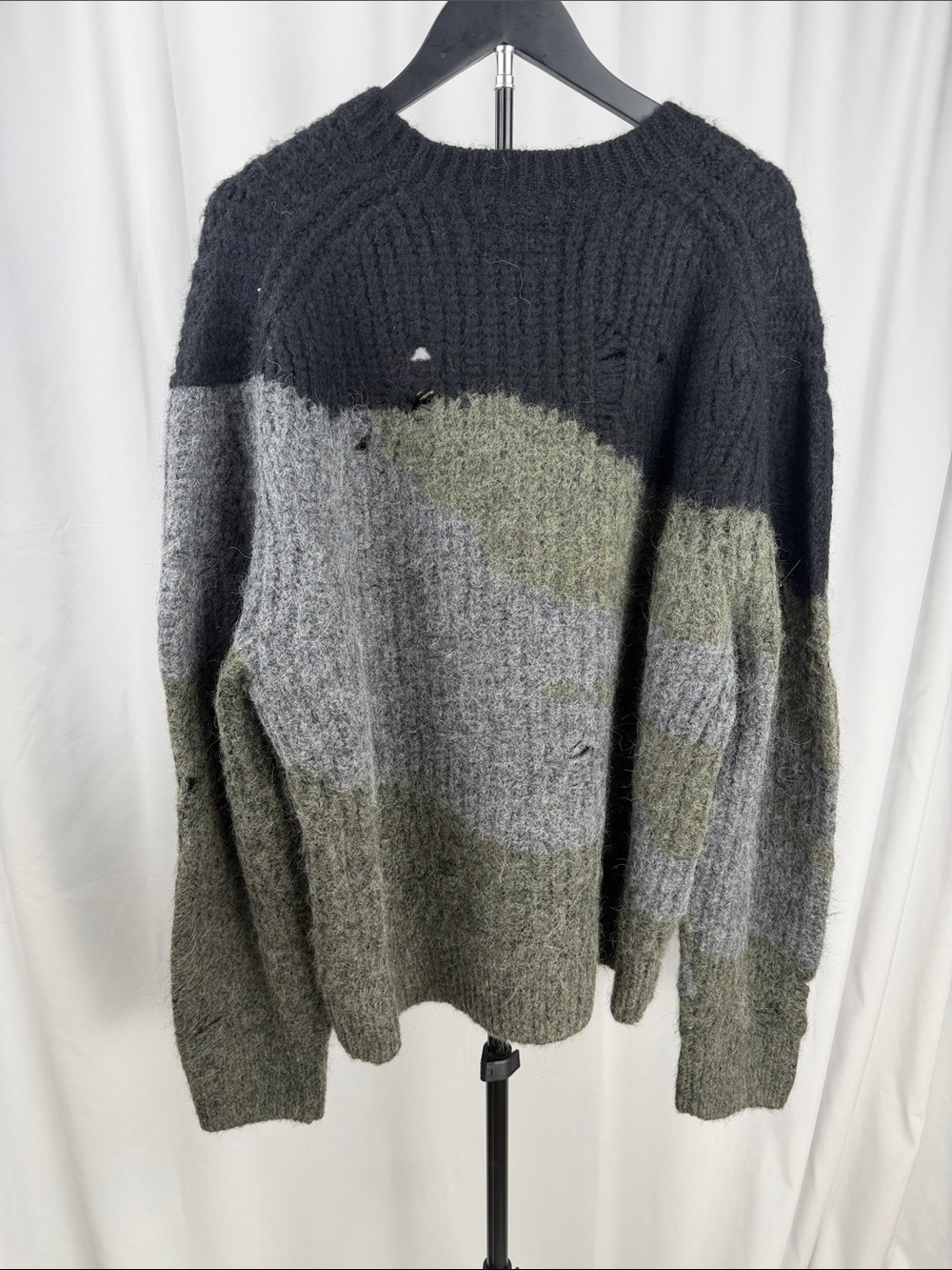 AllSaints Sur Crew Distressed Alpaca Wool Sweater Green Black XXL NWOT - Picture 4 of 11